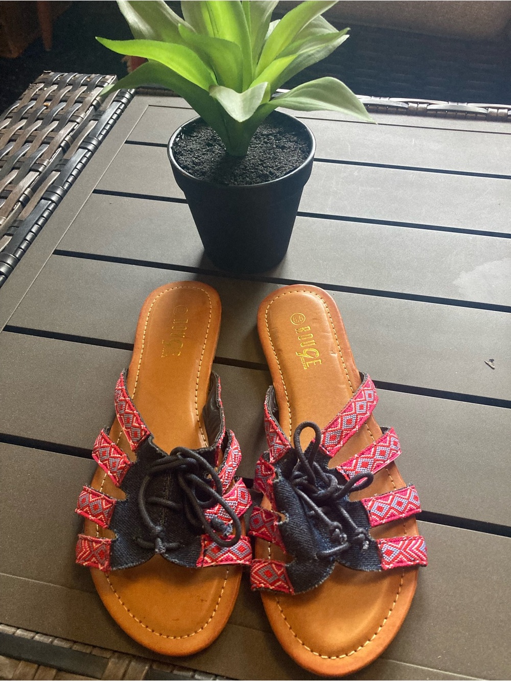 Women's Red Patterned Strappy Slide Sandals